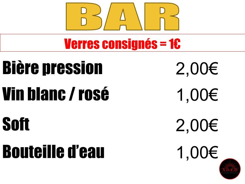 Tarifs du bar